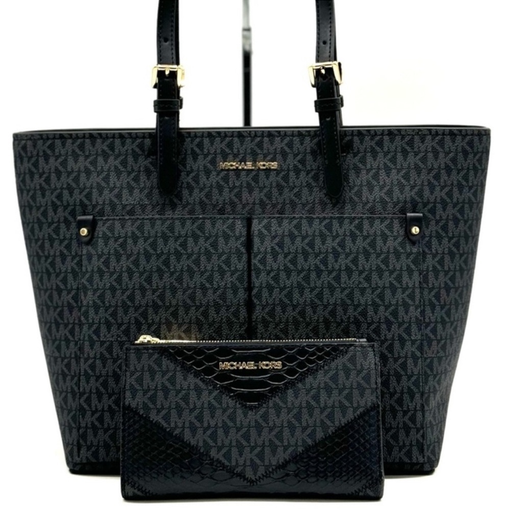Michael Kors Jet Set Medium Pocket Tote Bag & Double Zip Wallet Black Signature